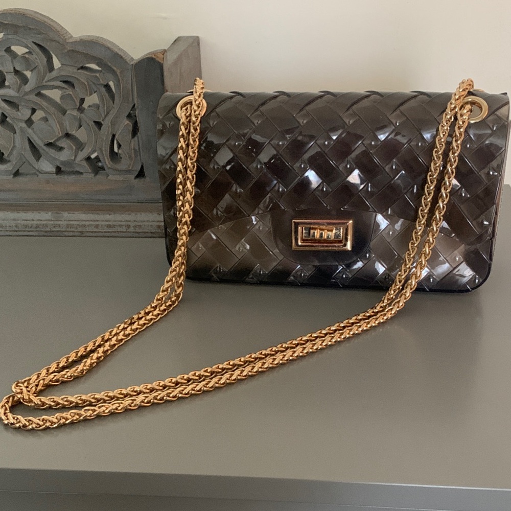Woven Patent Shoulder Bag with Gold Chain Strap - Black